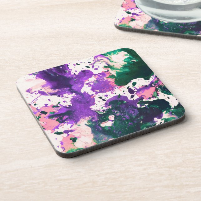 Colourful Abstract Green and Purple Splatter Paint Coaster (Left Side)