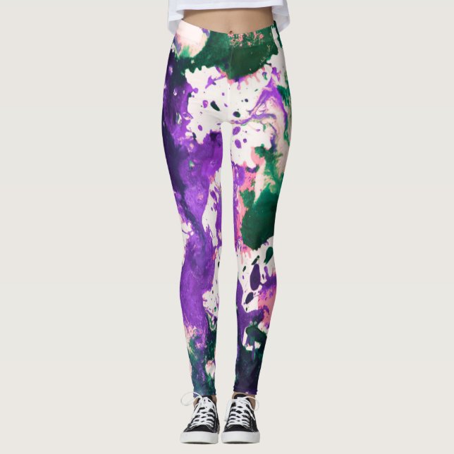 Colourful Abstract Green and Purple Splatter Paint Leggings (Front)