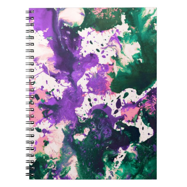 Colourful Abstract Green and Purple Splatter Paint Notebook (Front)