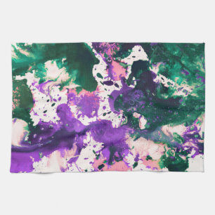Colourful Abstract Green and Purple Splatter Paint Tea Towel