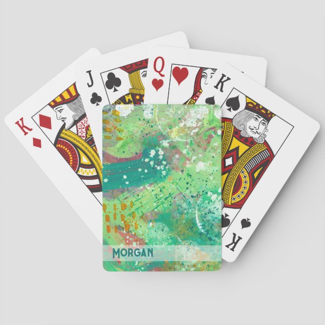 Colourful Abstract Green Personalised Name Playing Cards (Back)