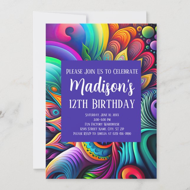 Colourful Abstract Groovy Hippie Birthday Invitation (Front)