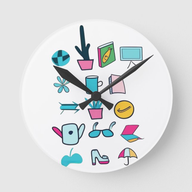  Colourful Abstract Icons Featuring Everyday Items Round Clock (Front)