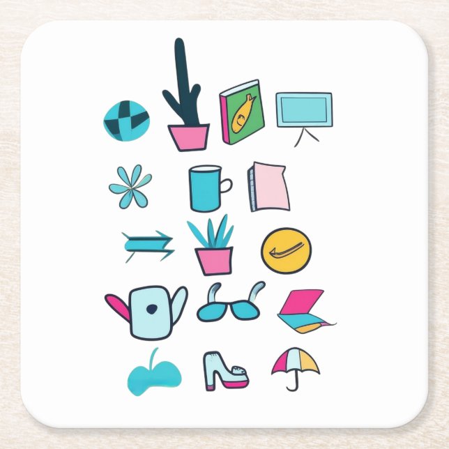  Colourful Abstract Icons Featuring Everyday Items Square Paper Coaster (Front)