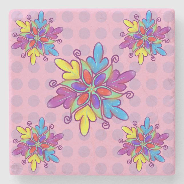 Colourful Abstract Kaleidoscope Flower Pattern Stone Coaster (Front)
