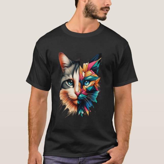 Colourful Abstract Kitten Half Face Cute Geometry  T-Shirt (Front)
