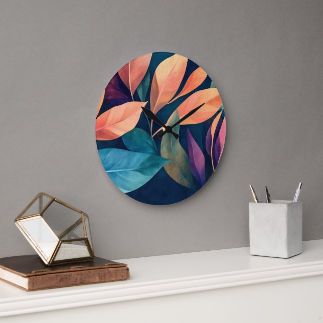 Colourful Abstract Leaves Large Clock (Office)