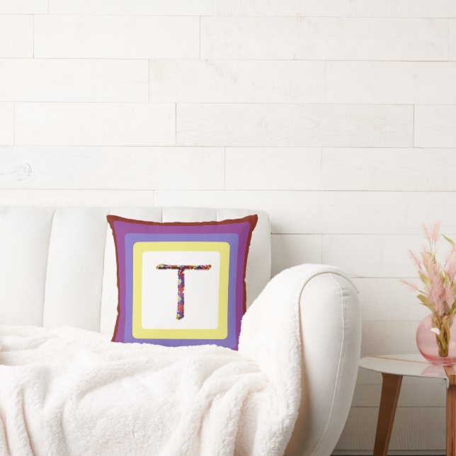 Colourful Abstract Letter T Initial Monogram Cushion (Couch)