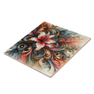 Colourful Abstract Lily With Artistic Swirls Ceramic Tile