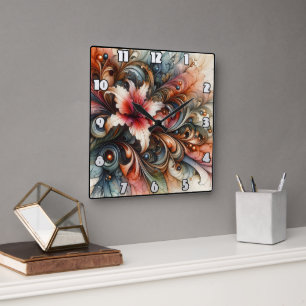 Colourful Abstract Lily With Artistic Swirls Square Wall Clock