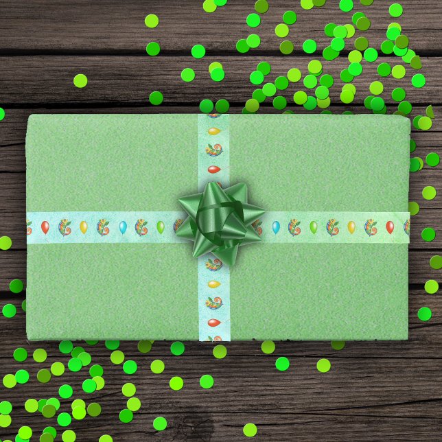 Colourful Abstract Lizards Leaves Festive Balloons Satin Ribbon (Festive colourful lizards with balloons various colours on green and blue gift wrap ribbon.)
