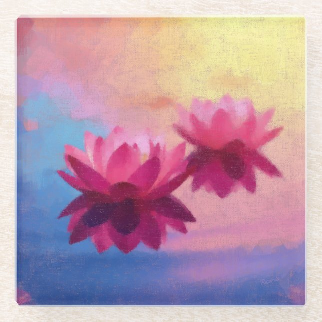 Colourful Abstract Lotus Flowers Glass Coaster (Front)