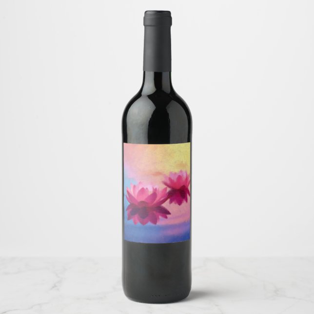 Colourful Abstract Lotus Flowers Wine Label (Front)
