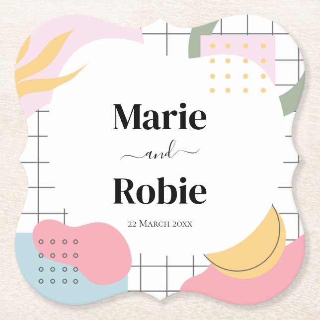 Colourful Abstract Memphis Wedding Paper Coaster (Front)