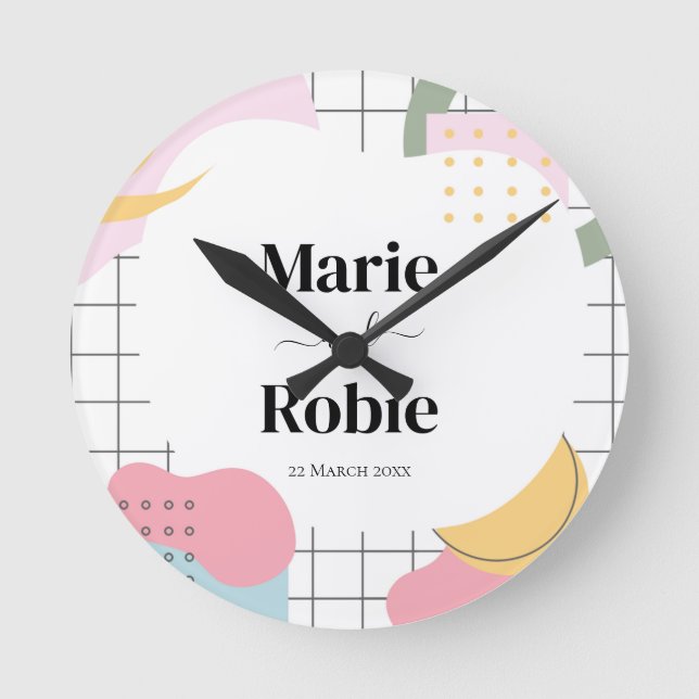 Colourful Abstract Memphis Wedding Round Clock (Front)