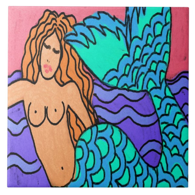 Colourful Abstract Mermaid Art Ceramic Tile (Front)