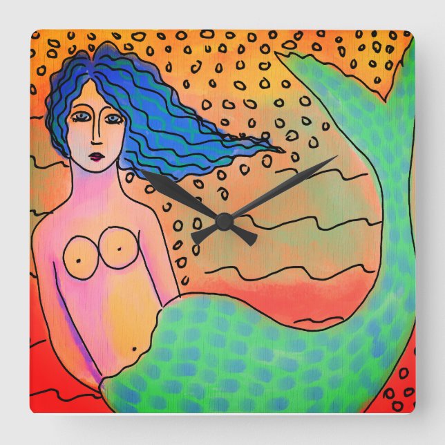 Colourful Abstract Mermaid Art Square Wall Clock (Front)