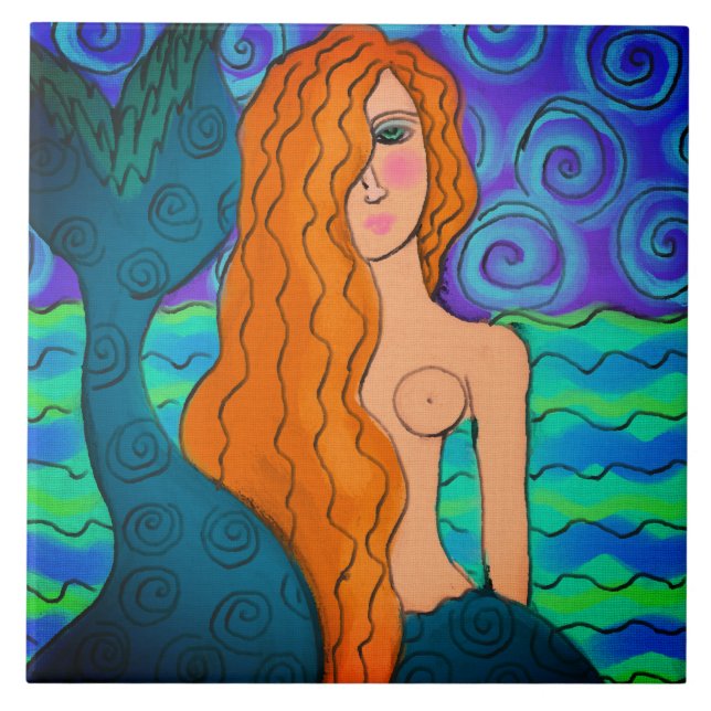 Colourful Abstract Mermaid Digital Painting Ceramic Tile (Front)
