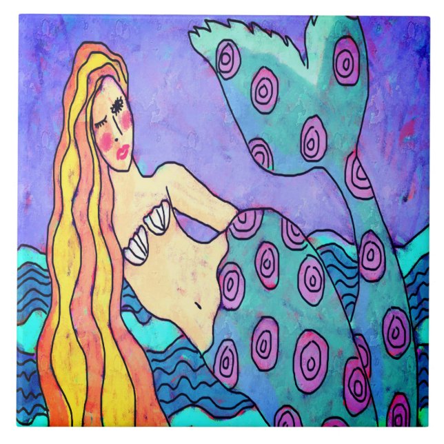 Colourful Abstract Mermaid Painting Ceramic Tile (Front)