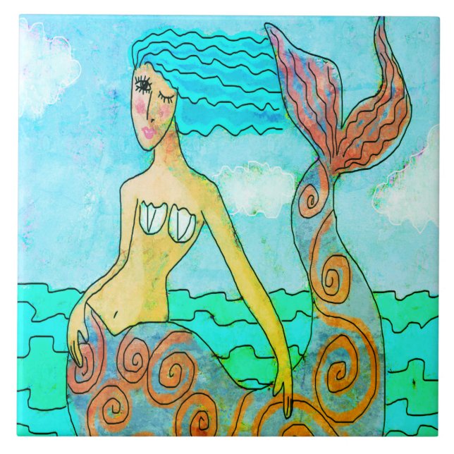 Colourful Abstract Mermaid Painting Ceramic Tile (Front)