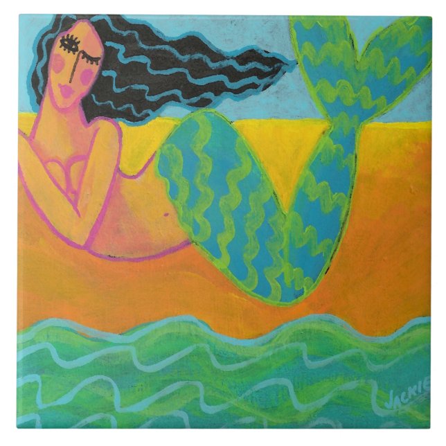 Colourful Abstract Mermaid Painting Ceramic Tile (Front)