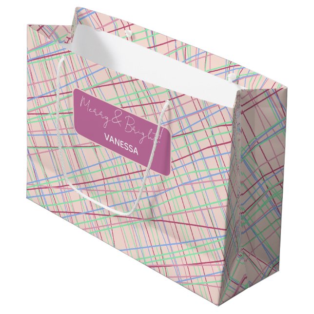 Colourful Abstract Monogram Tartan Pattern Large Gift Bag (Front Angled)