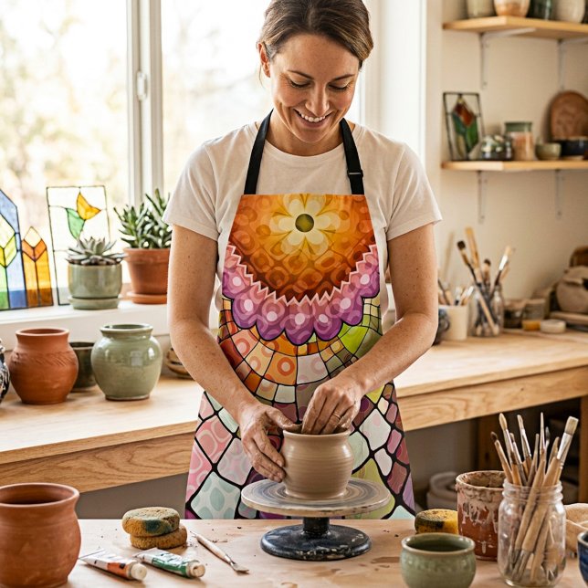 Colourful Abstract Mosaic Design Apron (Artistic retro mandala floral kaleidoscope apron - great for anyone who like to cook or is an artist)