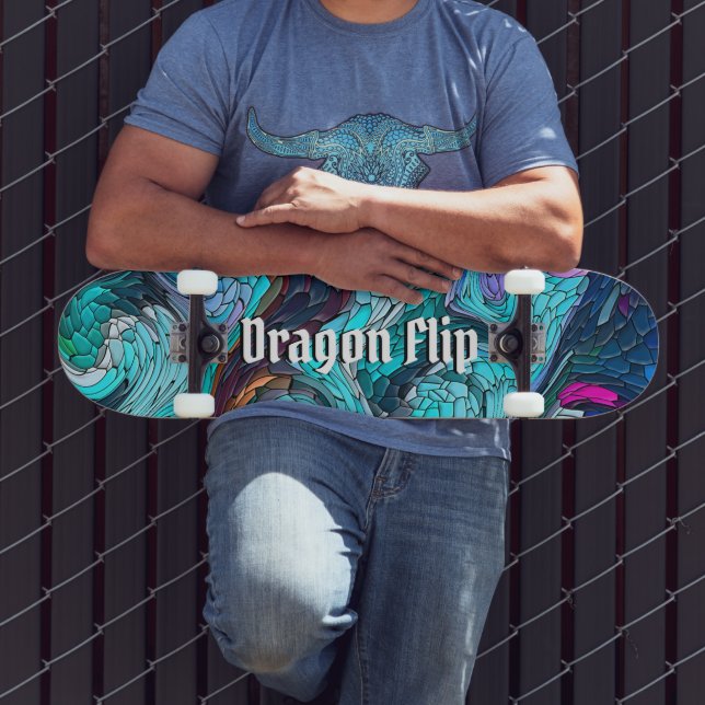 Colourful Abstract Mosaic Dragon Scales With Text Skateboard (Outdoor 3)
