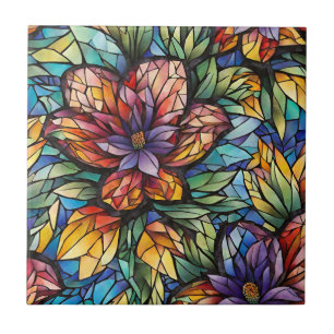 Colourful Abstract Mosaic Flower and Leaves  Ceramic Tile