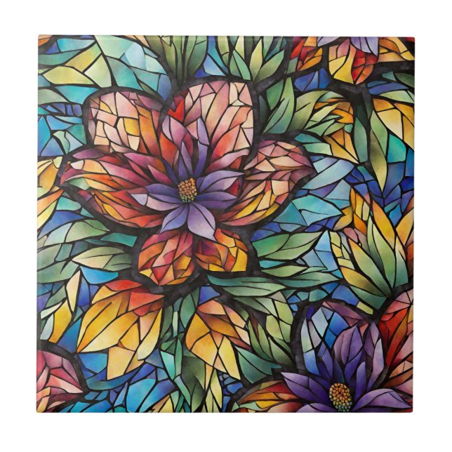 Colourful Abstract Mosaic Flower and Leaves  Ceramic Tile (Front)