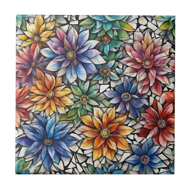 Colourful Abstract Mosaic Flowers  Ceramic Tile (Front)