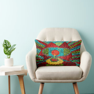 Colourful Abstract Mosaic Landscape Lumbar Cushion