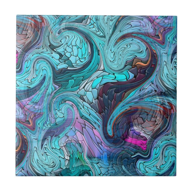 Colourful Abstract Mosaic Mermaid or Dragon Scales Ceramic Tile (Front)