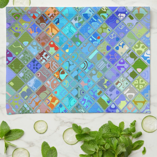 Colourful Abstract Mosaic Pattern Tea Towel (Folded)