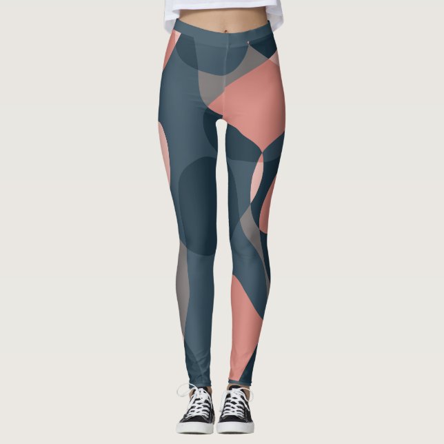 Colourful abstract, muted pink, blue, grey, patter leggings (Front)