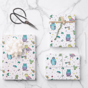 Colourful Abstract Owls Ferns Flowers Wrapping Paper Sheet