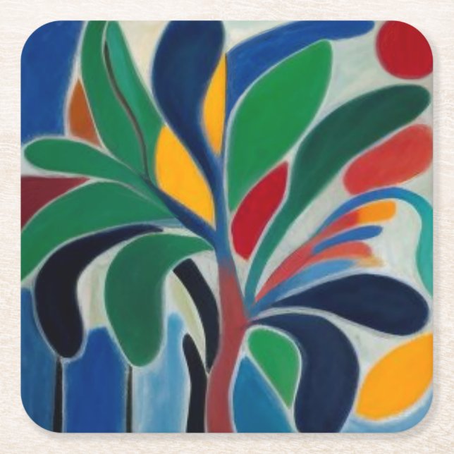 Colourful Abstract Palm Tree Square Paper Coaster (Front)