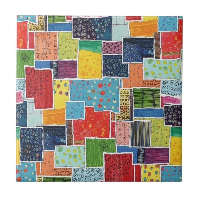 Colourful Abstract Patchwork Pattern Ceramic Tile (Front)