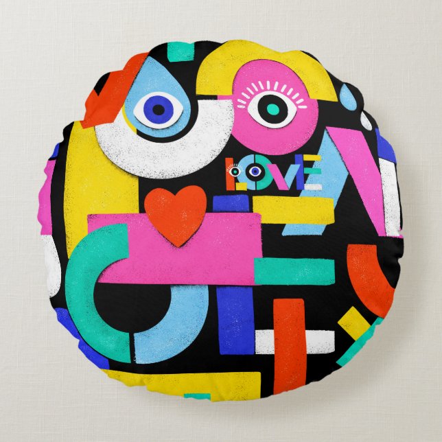 Colourful abstract pattern with word love inside,e round cushion (Front)