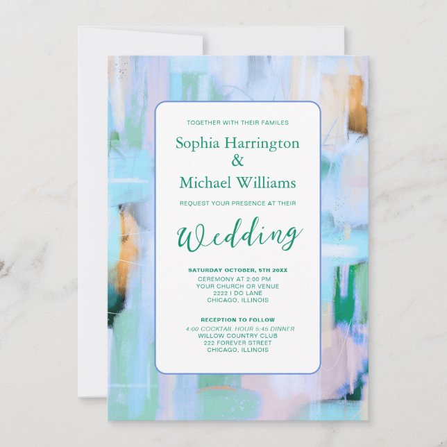 Colourful Abstract Pink Blue Wedding Invite QR Cod (Front)
