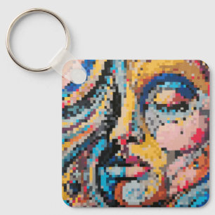 Colourful abstract pixel face key ring