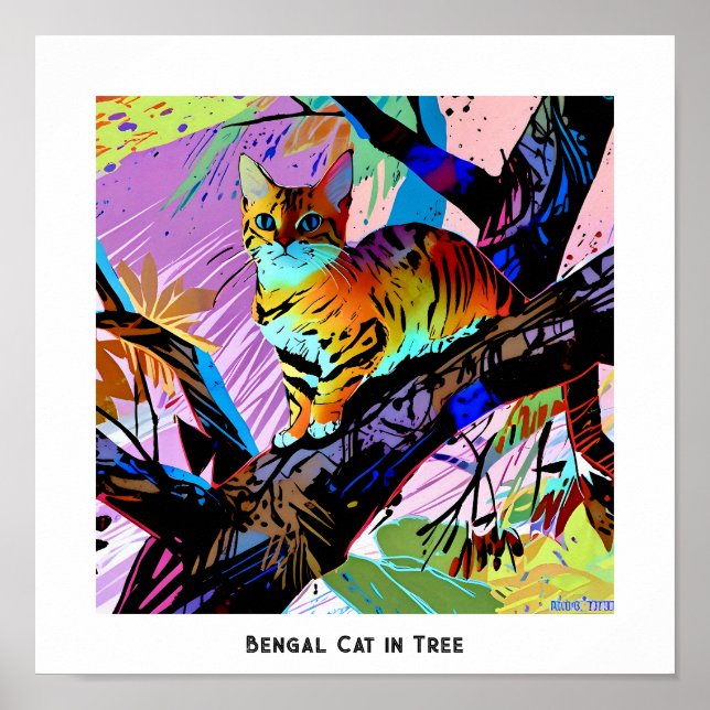 Colourful Abstract Pop Art Bengal Cat in Tree Poster (Front)