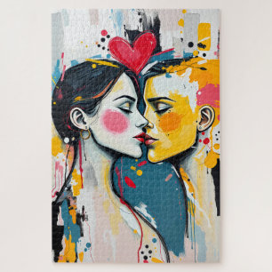 Colourful Abstract Pop Art Kissing Lovers Jigsaw Puzzle