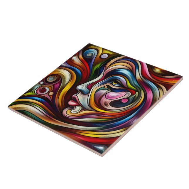 Colourful Abstract Portrait With Dynamic Swirls Ceramic Tile (Side)