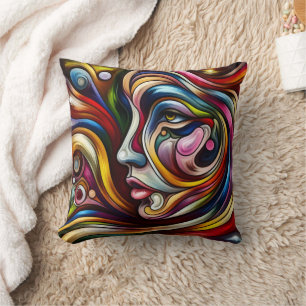 Colourful Abstract Portrait With Dynamic Swirls Cushion