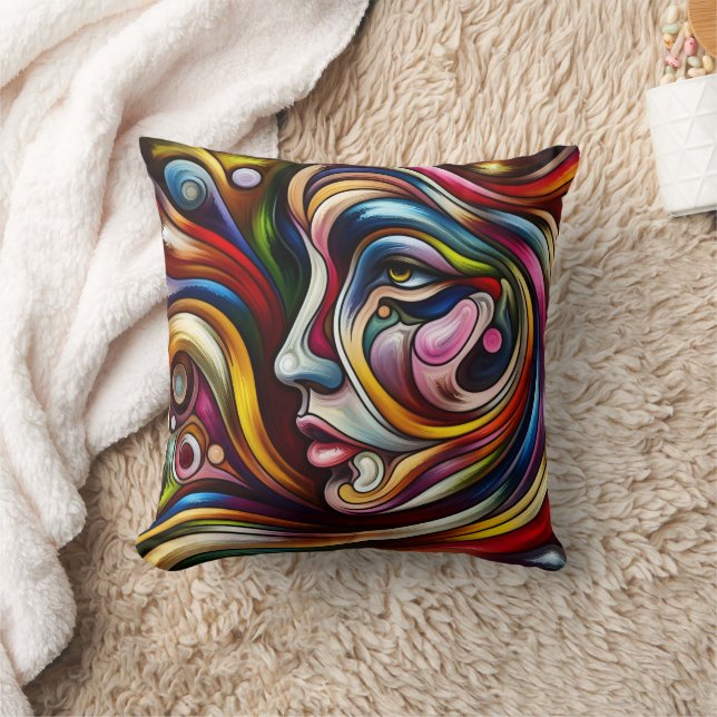 Colourful Abstract Portrait With Dynamic Swirls Cushion (Blanket)