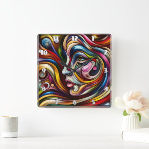 Colourful Abstract Portrait With Dynamic Swirls Square Wall Clock