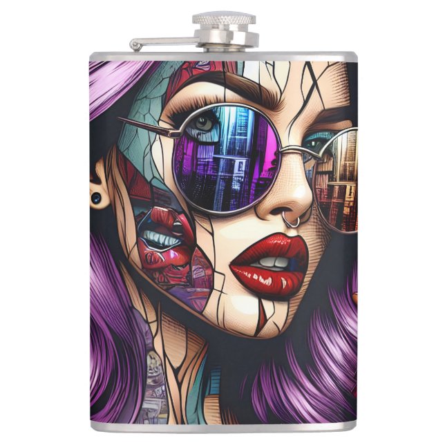 Colourful Abstract Pretty Lady with Purple Hair Hip Flask (Front)