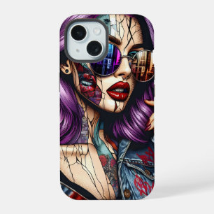 Colourful Abstract Pretty Lady with Purple Hair iPhone 15 Case