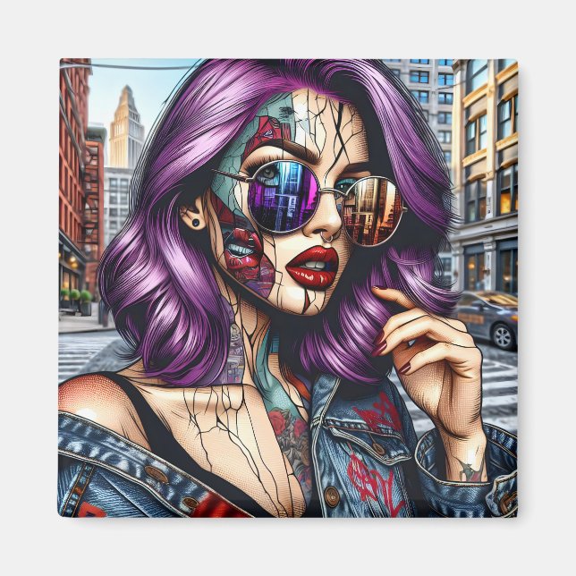 Colourful Abstract Pretty Lady with Purple Hair Magnet (Front)